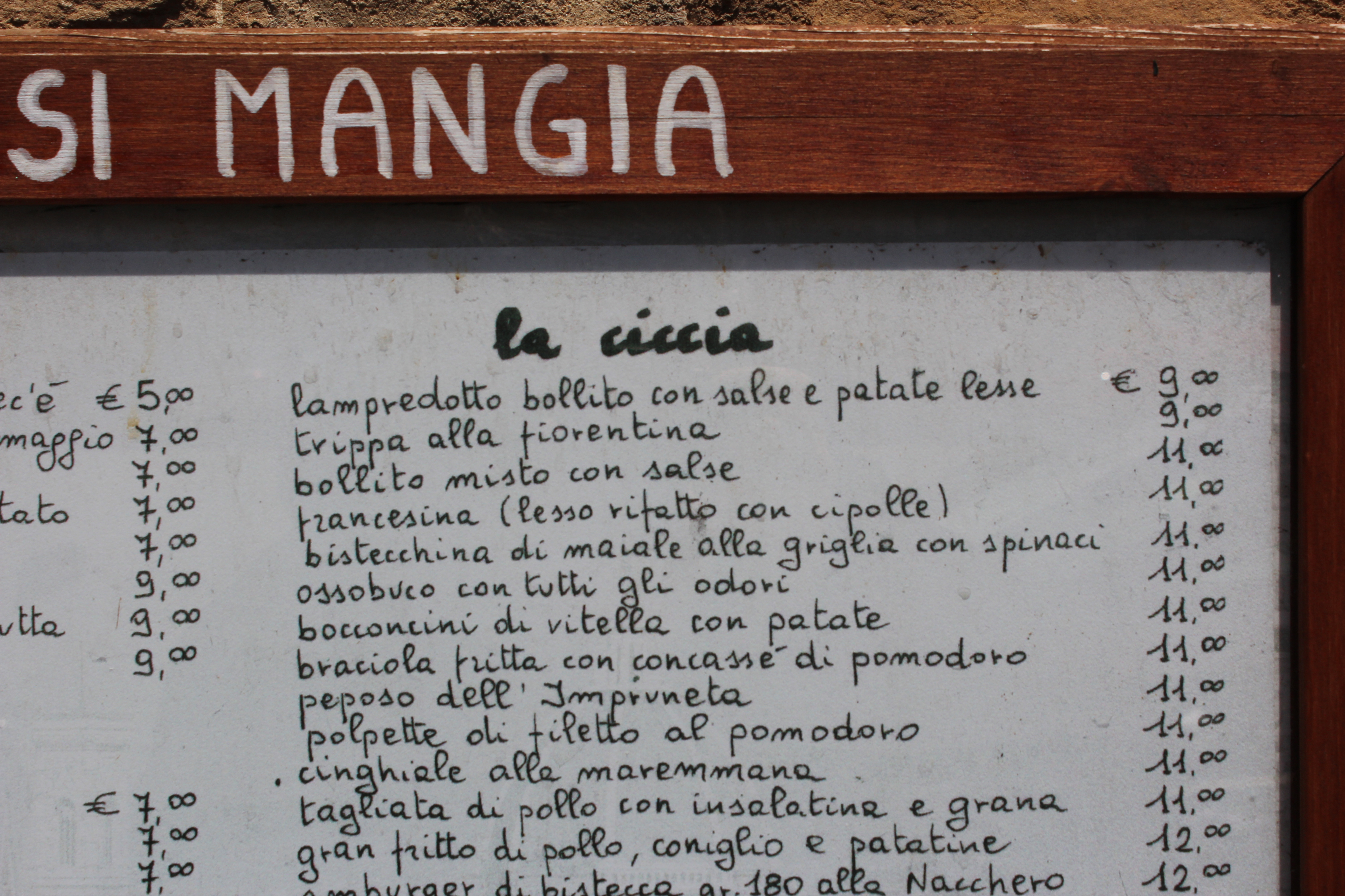 Menu Vecchia Osteria del Nacchero